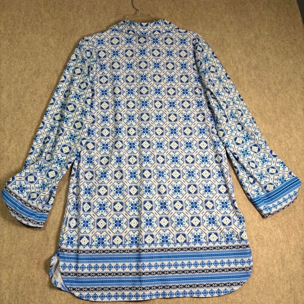 Aqua et Sol Tunic Dress‎ Womens Medium Blue White Geometric Tile Boho Roll Tab